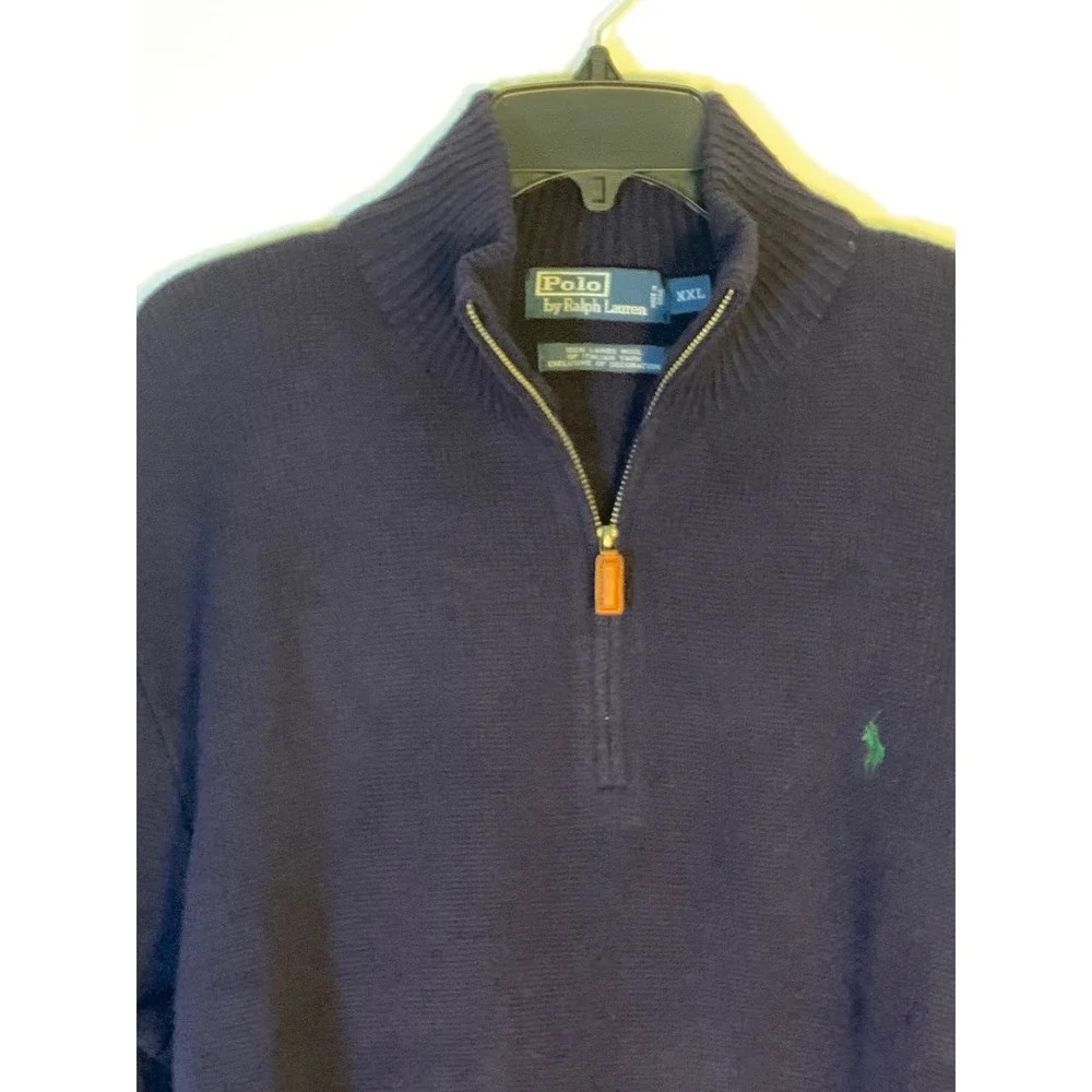 Polo Ralph‎ Lauren XXL Quarter-Zip Navy Blue Lambswool Leather Pull Sweater